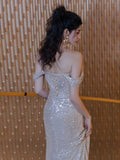Niulatu Sheath Off The Shoulder Sequin Slit Floor Length Evening Dress Prom Dresses SD1626