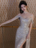 Niulatu Sheath Off The Shoulder Sequin Slit Floor Length Evening Dress Prom Dresses SD1626