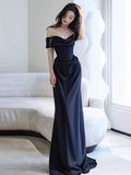 Niulatu Sheath Off The Shoulder Navy Blue Satin Floor Length Evening Dress Prom Dresses SD1627