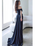 Niulatu Sheath Off The Shoulder Navy Blue Satin Floor Length Evening Dress Prom Dresses SD1627