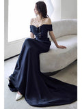 Niulatu Sheath Off The Shoulder Navy Blue Satin Floor Length Evening Dress Prom Dresses SD1627