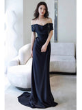 Niulatu Sheath Off The Shoulder Navy Blue Satin Floor Length Evening Dress Prom Dresses SD1627