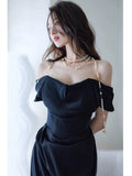 Niulatu Sheath Off The Shoulder Navy Blue Satin Floor Length Evening Dress Prom Dresses SD1627