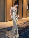 Niulatu Mermaid Spaghetti Straps Sequin Gold Floor Length Evening Dress Prom Dresses SD1628