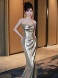 Niulatu Mermaid Spaghetti Straps Sequin Gold Floor Length Evening Dress Prom Dresses SD1628