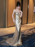 Niulatu Mermaid Spaghetti Straps Sequin Gold Floor Length Evening Dress Prom Dresses SD1628