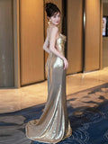 Niulatu Mermaid Spaghetti Straps Sequin Gold Floor Length Evening Dress Prom Dresses SD1628