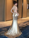 Niulatu Mermaid Spaghetti Straps Sequin Gold Floor Length Evening Dress Prom Dresses SD1628