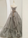 Niulatu Ball Gown Sweetheart Tulle Floor Length Evening Dress Gray Prom Dresses SD1629