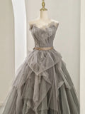 Niulatu Ball Gown Sweetheart Tulle Floor Length Evening Dress Gray Prom Dresses SD1629