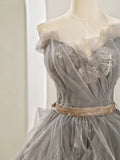 Niulatu Ball Gown Sweetheart Tulle Floor Length Evening Dress Gray Prom Dresses SD1629