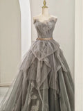 Niulatu Ball Gown Sweetheart Tulle Floor Length Evening Dress Gray Prom Dresses SD1629