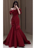 Niulatu Mermaid Off The Shoulder Burgundy Satin Floor Length Evening Dress Prom Dresses SD1630