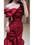 Niulatu Mermaid Off The Shoulder Burgundy Satin Floor Length Evening Dress Prom Dresses SD1630