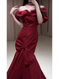 Niulatu Mermaid Off The Shoulder Burgundy Satin Floor Length Evening Dress Prom Dresses SD1630