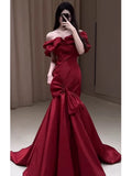 Niulatu Mermaid Off The Shoulder Burgundy Satin Floor Length Evening Dress Prom Dresses SD1630