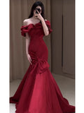 Niulatu Mermaid Off The Shoulder Burgundy Satin Floor Length Evening Dress Prom Dresses SD1630