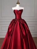 Niulatu Ball Gown Strapless Burgundy Satin Floor Length Evening Dress Prom Dresses SD1630
