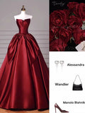 Niulatu Ball Gown Strapless Burgundy Satin Floor Length Evening Dress Prom Dresses SD1630
