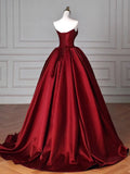 Niulatu Ball Gown Strapless Burgundy Satin Floor Length Evening Dress Prom Dresses SD1630