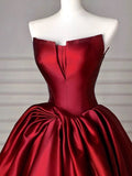 Niulatu Ball Gown Strapless Burgundy Satin Floor Length Evening Dress Prom Dresses SD1630