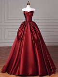 Niulatu Ball Gown Strapless Burgundy Satin Floor Length Evening Dress Prom Dresses SD1630