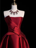 Niulatu Ball Gown Strapless Burgundy Satin High Low Evening Dress Prom Dresses SD1631