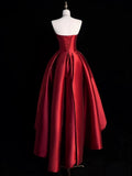 Niulatu Ball Gown Strapless Burgundy Satin High Low Evening Dress Prom Dresses SD1631