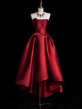 Niulatu Ball Gown Strapless Burgundy Satin High Low Evening Dress Prom Dresses SD1631
