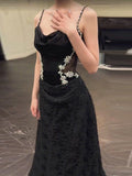 Niulatu Mermaid Spaghetti Straps Black Floor Length Evening Dress Prom Dresses SD1632