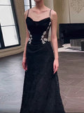 Niulatu Mermaid Spaghetti Straps Black Floor Length Evening Dress Prom Dresses SD1632
