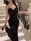 Niulatu Mermaid Spaghetti Straps Black Sequin Evening Dress Prom Dresses SD1633
