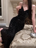 Niulatu Mermaid Spaghetti Straps Black Sequin Evening Dress Prom Dresses SD1633