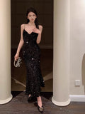 Niulatu Mermaid Spaghetti Straps Black Sequin Evening Dress Prom Dresses SD1633