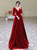 Niulatu A Line Long Sleeves Red Satin Evening Dress Prom Dresses SD1634