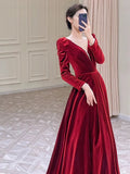 Niulatu A Line Long Sleeves Red Satin Evening Dress Prom Dresses SD1634