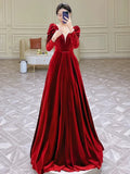 Niulatu A Line Long Sleeves Red Satin Evening Dress Prom Dresses SD1634
