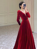 Niulatu A Line Long Sleeves Red Satin Evening Dress Prom Dresses SD1634