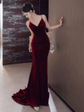 Niulatu Mermaid Spaghetti Straps Burgundy Velvet Long Evening Dress Prom Dresses SD1635