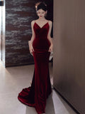 Niulatu Mermaid Spaghetti Straps Burgundy Velvet Long Evening Dress Prom Dresses SD1635
