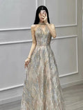 Niulatu A Line High Neckline Sequin Long Evening Dress Prom Dresses SD1637