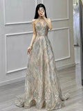 Niulatu A Line High Neckline Sequin Long Evening Dress Prom Dresses SD1637