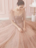 Niulatu A Line Spaghetti Straps Tulle Pink Evening Dress Prom Dresses SD1638