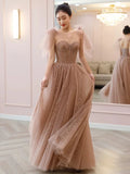 Niulatu A Line Spaghetti Straps Tulle Pink Evening Dress Prom Dresses SD1638