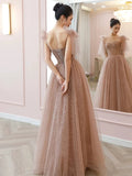 Niulatu A Line Spaghetti Straps Tulle Pink Evening Dress Prom Dresses SD1638