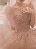 Niulatu A Line Spaghetti Straps Tulle Pink Evening Dress Prom Dresses SD1638