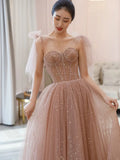 Niulatu A Line Spaghetti Straps Tulle Pink Evening Dress Prom Dresses SD1638