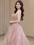 Niulatu A Line Off The Shoulder Tulle Pink Floor Length Evening Dress Prom Dresses SD1639