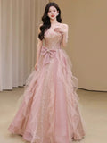 Niulatu A Line Off The Shoulder Tulle Pink Floor Length Evening Dress Prom Dresses SD1639