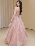 Niulatu A Line Off The Shoulder Tulle Pink Floor Length Evening Dress Prom Dresses SD1639